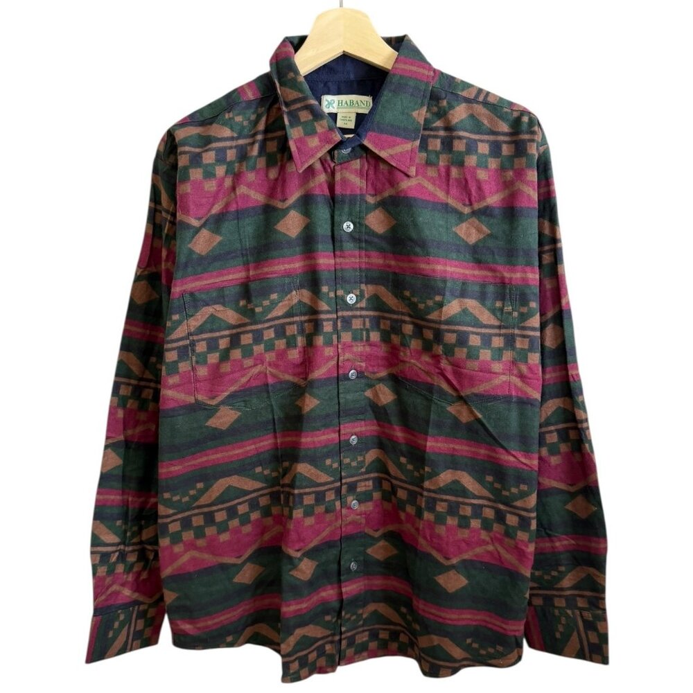 Vintage Haband Mens Multicolor Southwestern Print Button Up Shirt M Aztec Cowboy